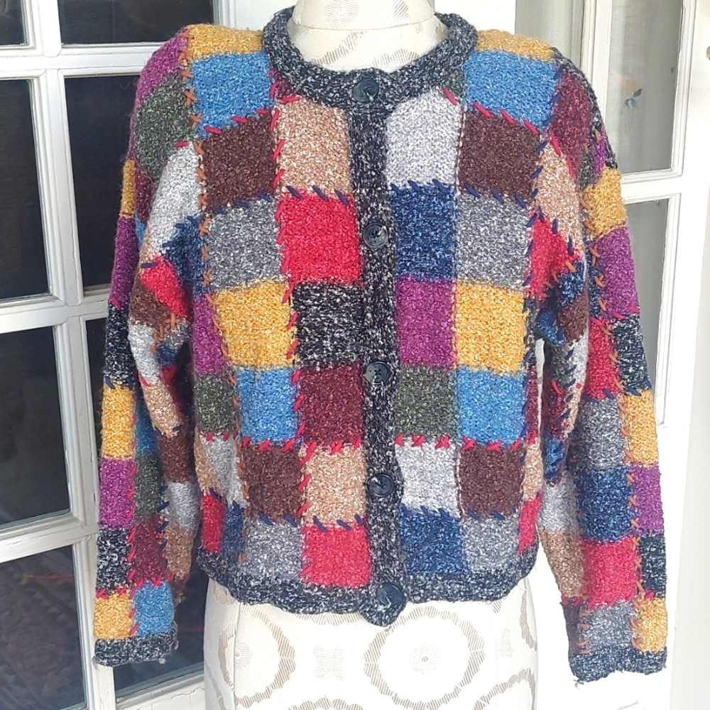 Design Options Pitchwork Vintage Cardigan Sweater Multicolot Size Small